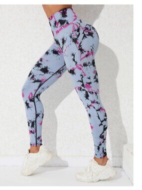 NEW Women's High Waist Tie Dye Leggings Blue Pink Black Yoga - Medium